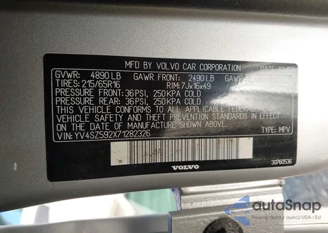 2007 Volvo Xc70 2.5T z USA, uszkodzony, nr VIN YV4SZ592X71282326